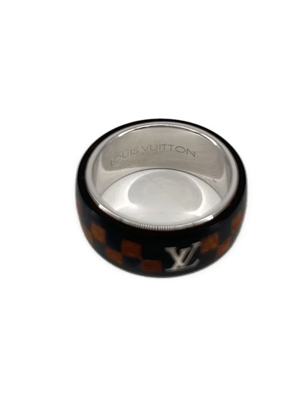 Louis Vuitton Silver Damier Wood Ring 64 Brown